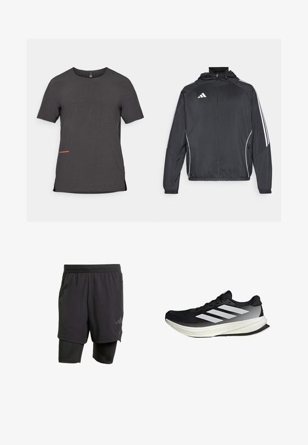 Musta urheilu takki hupulla, jossa on valkoiset raidat hihoissa ja vetoketjuzulu etupuolella. Valmistettu sileästä, kevyestä kankaasta.; Lyhythihainen musta urheilupaita, jossa on rei'itetty kuvio, sivuvetoketjut ja oranssi logoyksityiskohta helmaosassa. Sileä, kevyt kangas.; Musta urheilushortsit integroitu sisäkerros, valmistettu hengittävästä kankaasta. Ominaisuuksiin kuuluu huomaamaton logo ja rakenteellinen tekstuuri. Säädettävä vyötärö.; Musta urheilukengä, jossa on verkkomaisia yksityiskohtia, valkoiset raidat, pyöristetty kärki ja pintakuvioitu pohja pidon ja tuen tarjoamiseksi.