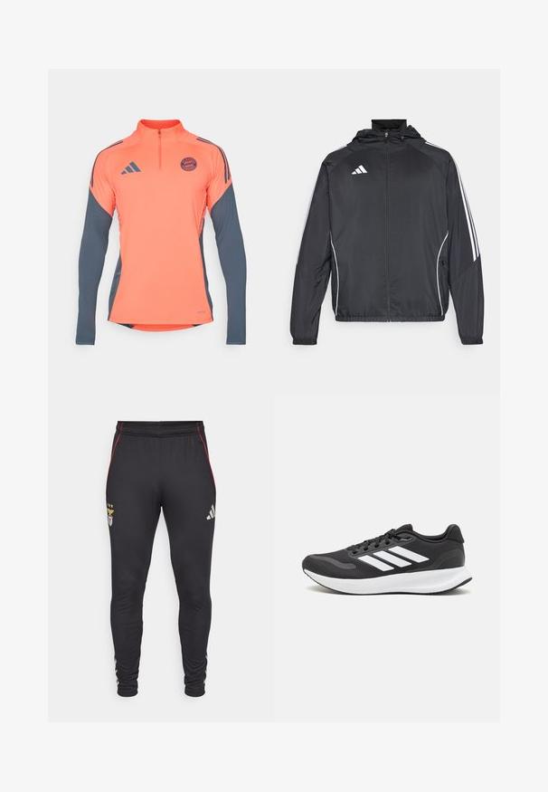 Schwarze Sportjacke mit Kapuze, ausgestattet mit weißen Streifen an den Ärmeln und einem Reißverschluss vorne. Hergestellt aus einem glatten, leichten Stoff.; Oranges Sporthemd mit langen grauen Ärmeln, Halb-Reißverschluss-Ausschnitt, Adidas-Logos und dem Emblem des FC Bayern München auf der Brust. Glatte Stoffoberfläche, modernes Design.; Schwarze Sporthosen mit roten Seitestreifen, mit einem Logo und drei Sternen auf der Vorderseite. Hergestellt aus einem weichen, dehnbaren Material.; Schwarzer Sportschuh mit atmungsaktivem Mesh-Obermaterial, weißen Akzenten und einer gepolsterten Sohle. Mit drei Streifen-Logo an der Seite.