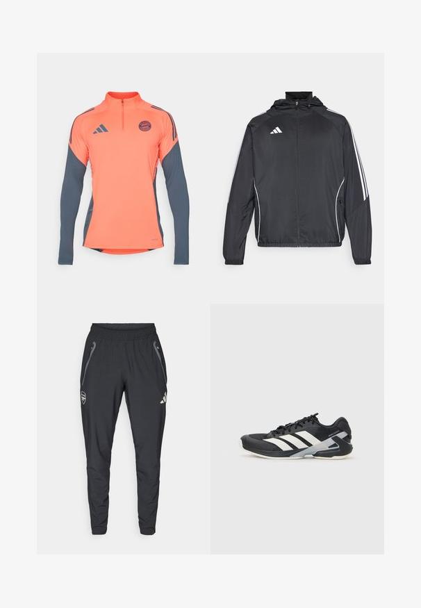 Zwarte sportjack met capuchon, voorzien van witte strepen langs de mouwen en een ritssluiting aan de voorkant. Gemaakt van een gladde, luchtige stof.; Oranje sportshirt met lange grijze mouwen, halve rits, Adidas-logo's en het embleem van FC Bayern München op de borst. Soepele stof, modern ontwerp.; adidas Performance ARSENAL FC TIRO25 COMPETITION VIS TECH TRAVEL PANT - Fanartikel - black; Zwarte sportschoen met witte strepen, bovenwerk van mesh, ronde neus en geveerde zool. Heeft een getextureerde hak en een veilig vetersysteem.
