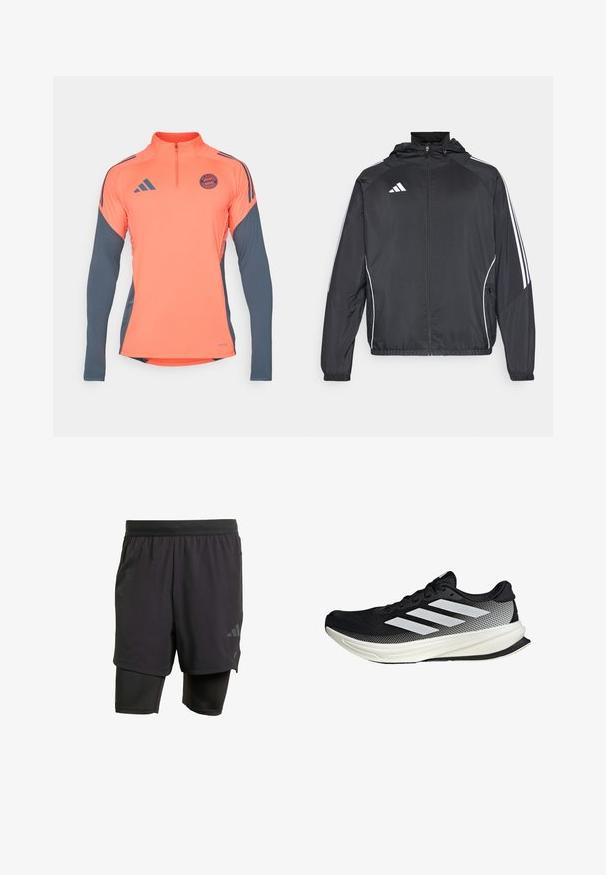 Zwarte sportjack met capuchon, voorzien van witte strepen langs de mouwen en een ritssluiting aan de voorkant. Gemaakt van een gladde, luchtige stof.; Oranje sportshirt met lange grijze mouwen, halve rits, Adidas-logo's en het embleem van FC Bayern München op de borst. Soepele stof, modern ontwerp.; Zwarte sportshorts met geïntegreerde binnenlaag, gemaakt van ademend materiaal. Bevat een subtiele logo en gestructureerde textuur. Verstelbare tailleband.; Zwarte sportieve schoen met een mesh ontwerp, voorzien van witte strepen, een ronde neus en een gestructureerde zool voor grip en ondersteuning.
