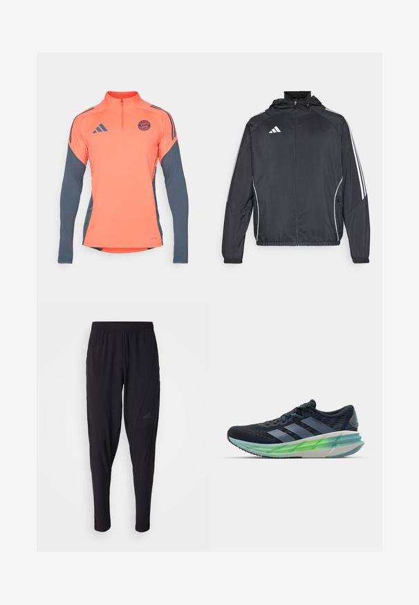 Jachetă sport neagră cu glugă, decorată cu dungi albe pe mâneci și cu fermoar în față. Fabricată dintr-un material neted și ușor.; Cămașă sport portocalie cu mâneci lungi gri, guler cu fermoar pe jumătate, logo-uri Adidas și emblema FC Bayern München pe piept. Material neted, design modern.; Pantaloni atletici negri cu o talie elastică, design conic, buzunare laterale și detalii subtile cu logo. Fabricat dintr-un material flexibil și respirabil.; Gheată sport neagră și albastră, cu superior din plasă, trei dungi albe, talpă verde translucidă și un model texturat notabil. Design ușor.