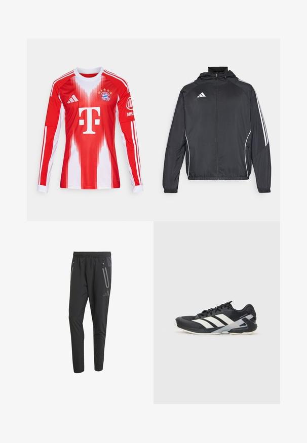 Zwarte sportjack met capuchon, voorzien van witte strepen langs de mouwen en een ritssluiting aan de voorkant. Gemaakt van een gladde, luchtige stof.; Rood-wit langemouwen voetbalshirt met gradienten, clublogo en drie strepen op de mouwen, gemaakt van ademend materiaal.; Zwarte sportieve broek met een stretchy tailleband, twee met rits gesloten zijzakken, een taps toelopende pasvorm en reflecterende accenten aan de voorkant.; Zwarte sportschoen met witte strepen, bovenwerk van mesh, ronde neus en geveerde zool. Heeft een getextureerde hak en een veilig vetersysteem.