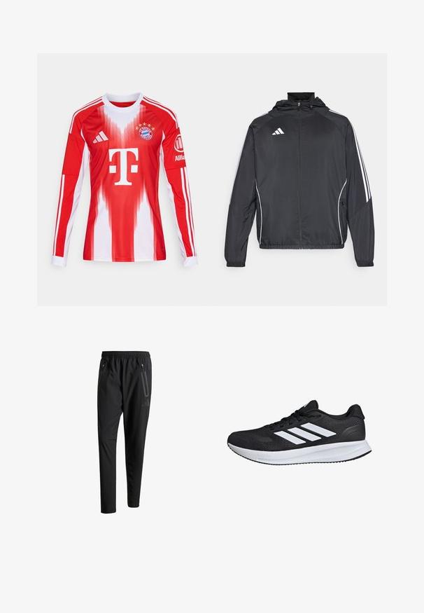 Musta urheilu takki hupulla, jossa on valkoiset raidat hihoissa ja vetoketjuzulu etupuolella. Valmistettu sileästä, kevyestä kankaasta.; Punainen ja valkoinen pitkähihainen jalkapallopaita, jossa on gradienteja, seuran logo ja kolme raita hihassa, valmistettu hengittävästä materiaalista.; Mustat urheiluhousut, joissa on joustava vyötärö, kaksi vetoketjullista sivutaskua, kapenevat lahkeet ja hillitty logokuvaus lonkalla.; Musta urheilukenkä, jossa on valkoiset raidat, verkkomateriaali, pehmustettu pohja ja teksturoidut yksityiskohdat. Kenkässä on nauhakiinnitys ja brändin logo kielen päällä.