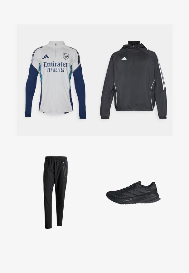 Giacca atletica nera con cappuccio, caratterizzata da strisce bianche lungo le maniche e chiusura con zip frontale. Realizzata in un tessuto liscio e leggero.; Maglia a maniche lunghe bianca con accenti blu navy, colletto a mezza zip, con il logo "Emirates Fly Better" e il simbolo del club Arsenal.; Pantaloni sportivi neri con vita elastica, due tasche laterali con cerniera, gambe affusolate e un sottile dettaglio del logo sull'anca.; Scarpa da corsa nera Adidas con tomaia in Gore-Tex, tre righe sul lato e "Dreamstrike" sulla suola, vista dal lato esterno.
