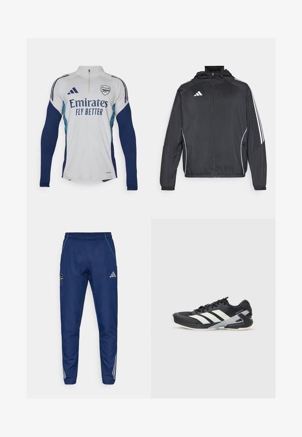 Schwarze Sportjacke mit Kapuze, ausgestattet mit weißen Streifen an den Ärmeln und einem Reißverschluss vorne. Hergestellt aus einem glatten, leichten Stoff.; Weißes Langarm-Jersey mit marineblauen Akzenten, halber Reißverschluss am Kragen, versehen mit dem Logo "Emirates Fly Better" und dem Vereinswappen von Arsenal.; Marineblaue Jogginghosen aus leichtem Material, mit blauen Akzenten, Logo-Patch und drei weißen Streifen entlang der Unterschenkel.; Schwarzer Sportschuh mit weißen Streifen, Obermaterial aus Mesh, runde Zehenform und gepolstertem Sohlenteil. Verfügt über eine strukturierte Ferse und ein sicheres Schnürsystem.