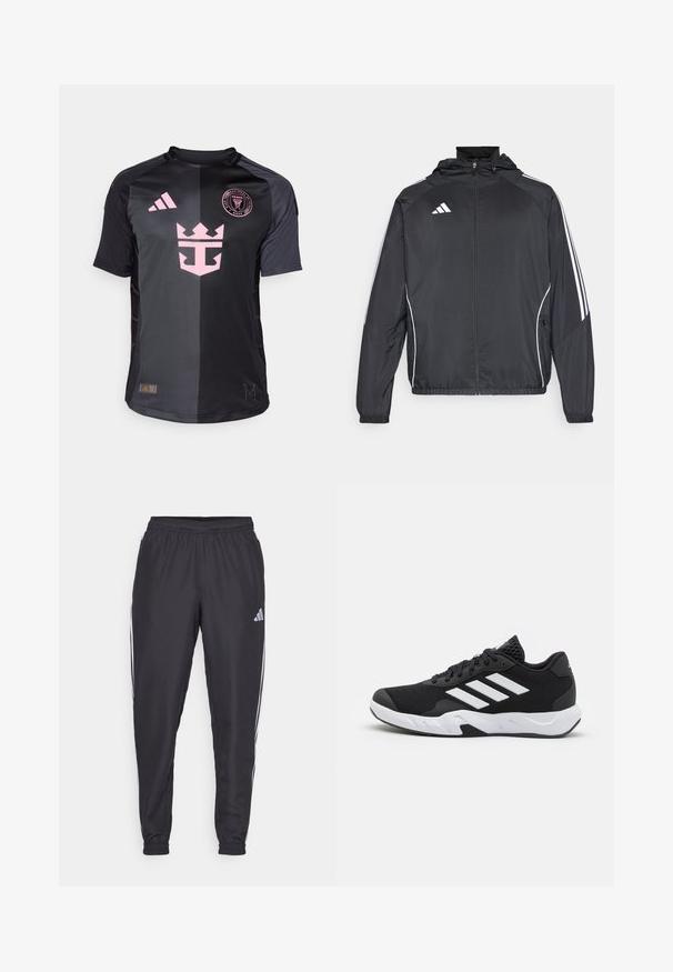 Musta urheilu takki hupulla, jossa on valkoiset raidat hihoissa ja vetoketjuzulu etupuolella. Valmistettu sileästä, kevyestä kankaasta.; adidas Performance INTER MIAMI CLOUDFOAM25/26 AWAY AUTHENTIC - Joukkuetuote - black; Mustat urheiluhousut elastisella vyötäröllä, joissa on valkoiset raidat sivuilla ja pieni logo lantion kohdalla. Sileä materiaali.; Mustat urheilukengät, joissa on teksturoitu verkkomateriaali yläosassa, valkoiset korostusraidat, pehmustettu pohja ja vahvistettu kanta tuen vuoksi.