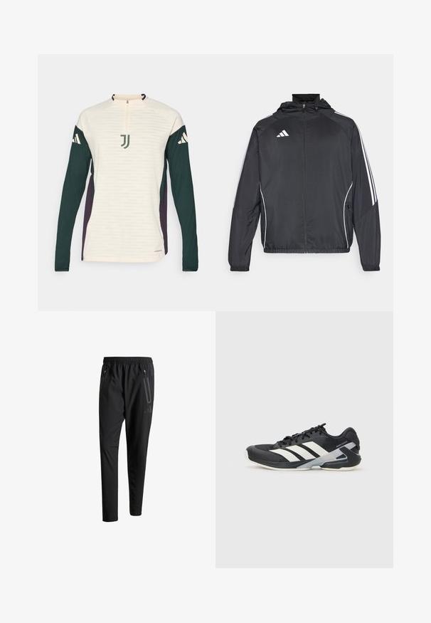 Black athletic jacket with a hood, featuring white stripes along the sleeves and a zippered front. Made from a smooth, lightweight fabric.; adidas Performance JUVENTUS 25/26 TIRO25 EUROPEAN PRO TRAINING TOP - Club wear - ecru tint; Black athletic pants with an elastic waistband, two zippered side pockets, tapered legs, and a subtle logo detail on the hip.; Black athletic shoe with white stripes, mesh upper, rounded toe, and cushioned sole. Features a textured heel and secure lacing system.