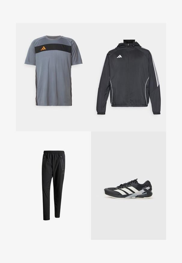 Svart idrottsjacka med huva, med vita ränder längs ärmarna och dragkedja framtill. Tillverkad av ett mjukt, lätt material.; Grå sport t-shirt med korta ärmar, med en svart horisontell panel och orange logotyp. Svarta ränder går längs sidorna.; Svarta sportbyxor med elastisk midja, två dragkedjefickor på sidorna, avsmalnande ben och en diskret logotypdetalj vid höften.; Svart atletisk sko med vita ränder, mesh-övre, rund tå och dämpad sula. Har en strukturerad häl och ett säkert snörningssystem.