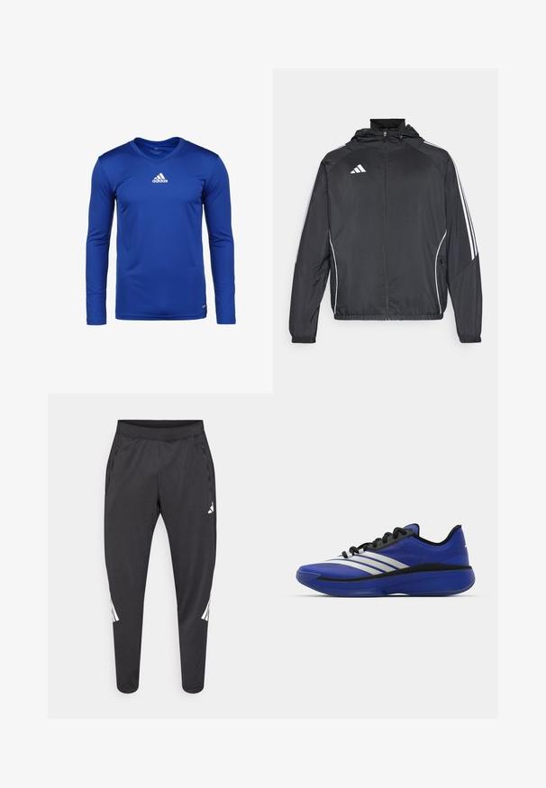 Musta urheilu takki hupulla, jossa on valkoiset raidat hihoissa ja vetoketjuzulu etupuolella. Valmistettu sileästä, kevyestä kankaasta.; Pitkähihainen sininen urheilupaita, joka on valmistettu kosteutta siirtävästä kankaasta. Paita on varustettu v-kaula-aukolla ja rinnassa on valkoinen Adidas-logo.; Mustat urheiluhousut kapeilla lahkeilla, joustavalla vyötärönauhalla, sivutaskuilla sekä valkoisella logolla ja raidallisilla yksityiskohdilla. Valmistettu sileästä, kevyestä materiaalista.; adidas Performance ADIZERO SELECT 3.0 - Koripallokengät - lucid blue/core black/metallic