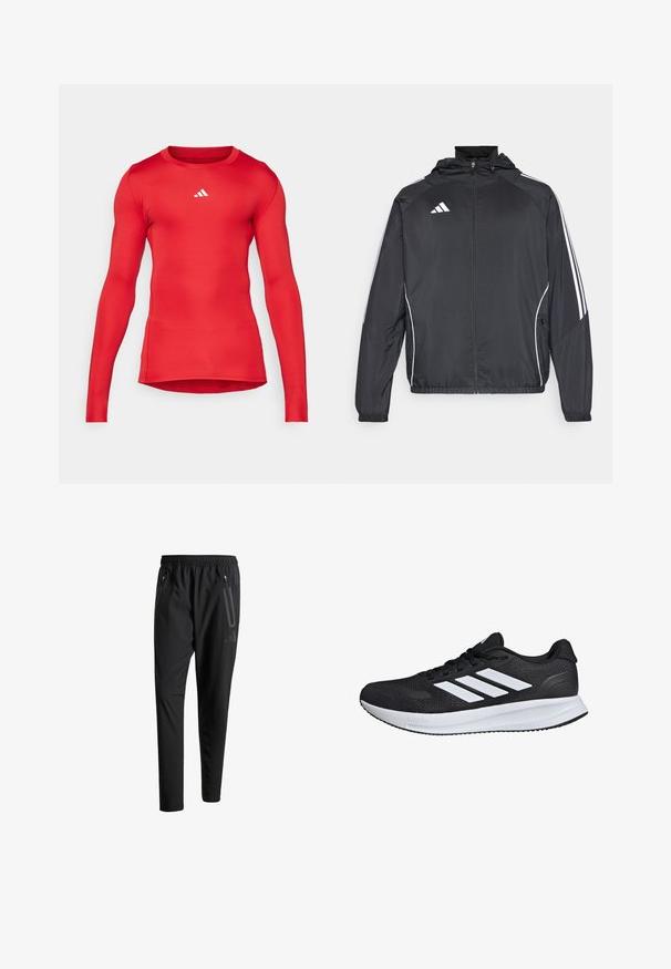 Czarna sportowa kurtka z kapturem, z białymi paskami wzdłuż rękawów i zasuwanym przodem. Wykonana z gładkiego, lekkiego materiału.; Czerwona długosleeve'owa koszulka sportowa z gładkiego, elastycznego materiału; dopasowany krój; z małym białym logo blisko dekoltu.; Czarne spodnie sportowe z elastycznym paskiem w talii, dwiema zasuwanymi kieszeniami bocznymi, zwężanymi nogawkami i subtelnym logo na biodrze.; Czarne buty sportowe z białymi paskami, siateczkowa cholewka, wyściełana podeszwa i teksturowane akcenty. Posiadają sznurowany design oraz logo marki na języku.