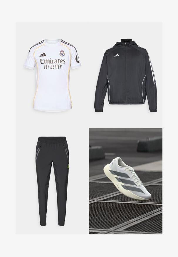 Černá sportovní bunda s kapucí, s bílými pruhy podél rukávů a s předním zipem. Vyrobena z hladkého, lehkého materiálu.; Bílý fotbalový dres vyrobený z lehkého materiálu, s žlutými akcenty, černými pruhy na ramenou a týmovým logem na hrudi.; adidas Performance REAL MADRID TIRO25 PRO VIS TECH TRAVEL PANT - Klubové oblečení - black/lucid lemon; Bílá sportovní obuv s texturovaným síťovaným svrškem, zdobená šedými pruhy a polstrovanou podrážkou. Lehký design vhodný na běhání.