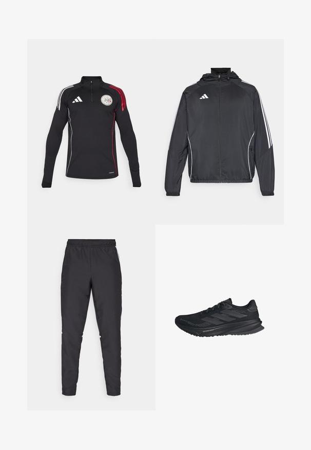 Giacca atletica nera con cappuccio, caratterizzata da strisce bianche lungo le maniche e chiusura con zip frontale. Realizzata in un tessuto liscio e leggero.; Maglia sportiva nera con zip e maniche lunghe, presenta tre strisce bianche su una spalla, dettagli rossi e un logo circolare sul petto.; Pantaloni sportivi neri con cintura elastica, gambe affusolate e dettagli laterali bianchi. Realizzati in materiale sintetico con una texture liscia.; Scarpa da corsa nera Adidas con tomaia in Gore-Tex, tre righe sul lato e "Dreamstrike" sulla suola, vista dal lato esterno.