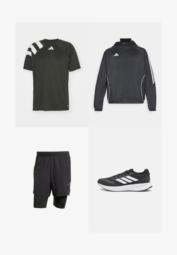 Juodas sportinis džemperis su kapišonu, turintis baltas juosteles palei rankoves ir užtrauktuką priekyje. Pagamintas iš lygaus, lengvo audinio.; Juoda sportinė marškinėliai su baltais dryželiais ant pečių. Turi apvalią kaklo iškirptę ir mažą logotipą ant krūtinės. Pagaminta iš lengvos medžiagos.; Juodos sportinės šortai su integruota vidine dalimi, pagaminti iš kvėpuojančios medžiagos. Apsaugotas logotipas ir struktūrizuota tekstūra. Reguliuojamas juosmuo.; Juodas sportinis batelis su orui pralaidžia mėgintuvėliu, baltomis akcentais ir paminkštintu padu. Šone yra trijų juostų logotipas.