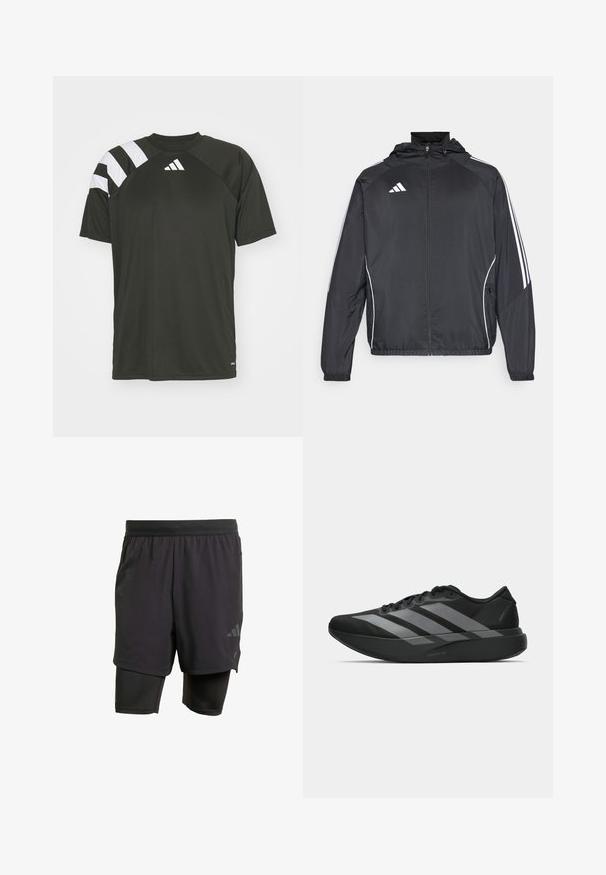 Fekete sportos dzseki kapucnival, fehér csíkokkal az ujjak mentén és cipzáras elülső résszel. Simább, könnyű anyagból készült.; Fekete sportpóló fehércsíkos részletekkel a vállon. Kerek nyakkivágással és egy kis logóval a mellkason rendelkezik. Könnyű anyagból készült.; Fekete sportnadrág beépített belső résszel, lélegző anyagból készült. Diszkrét logóval és struktúrált textúrával rendelkezik. Állítható derékpánt.; Fekete sportcipők könnyű kialakítással, három kiemelkedő szürke csíkkal, sima textúrával és kontúros talppal.