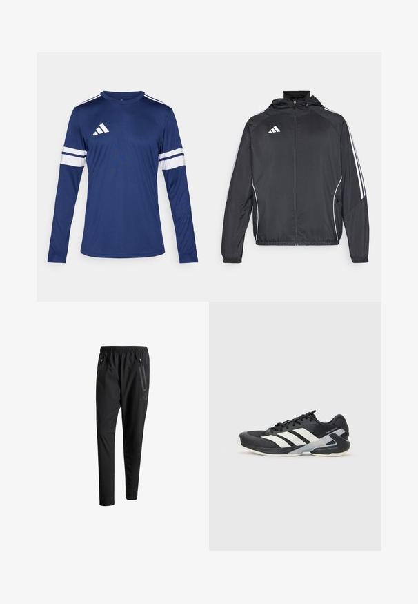 Juodas sportinis džemperis su kapišonu, turintis baltas juosteles palei rankoves ir užtrauktuką priekyje. Pagamintas iš lygaus, lengvo audinio.; Tamsiai mėlynos spalvos ilgarankovė sportinė maikutė. Ant rankovių yra baltos juostos ir tris baltos juostos ant peties. Adidas logotipas ant krūtinės.; Juodi sportiniai šortai su elastiniu juosmeniu, dviem užtrauktukais šoniniais kišenėmis, siaurėjančiomis kojomis ir subtiliu logotipo detaliu ant klubo.; Juoda sportinė avalynė su baltais dryžiais, tinklinis viršus, apvalus pirštas ir paminkštinta padais. Yra tekstūruota kulno dalis ir saugi raištelių sistema.