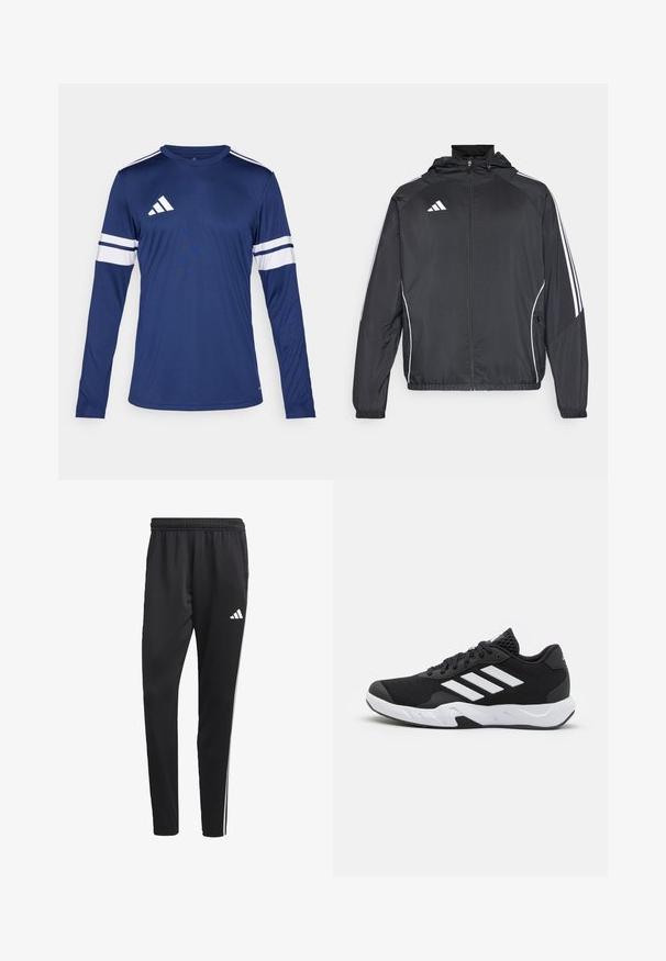 Giacca atletica nera con cappuccio, caratterizzata da strisce bianche lungo le maniche e chiusura con zip frontale. Realizzata in un tessuto liscio e leggero.; Maglietta sportiva a maniche lunghe in tessuto blu scuro. Presenta strisce bianche sulle maniche e tre strisce bianche sulla spalla. Logo Adidas sul petto.; Pantaloni sportivi neri con una cintura elastica, strisce laterali bianche e un piccolo logo bianco sulla coscia. Realizzati in un materiale liscio e leggero.; Scarpe da ginnastica nere con una tomaia in mesh texturizzata, strisce bianche di accento, suola imbottita e tallone rinforzato per supporto.