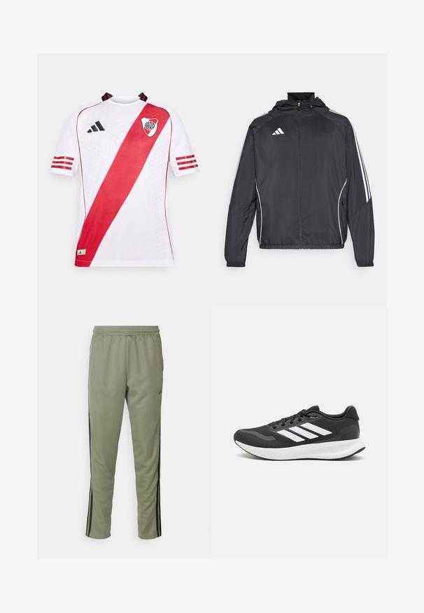 Casaco atlético preto com capuz, apresentando riscas brancas ao longo das mangas e um fecho éclair na frente. Fabricado em um tecido liso e leve.; Camisola desportiva de manga curta branca com uma risca diagonal vermelha, detalhes em preto e o logótipo no lado esquerdo do peito, feita de tecido respirável.; adidas Performance TRAIN ESSENTIALS 3-STRIPES - Calças de fato de treino - silver pebble/black; Shoe de atletismo preto com parte superior em malha respirável, detalhes brancos e sola almofadada. Apresenta o logotipo das três riscas na lateral.