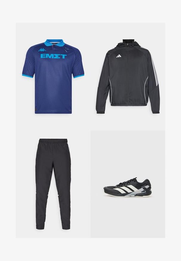 Black athletic jacket with a hood, featuring white stripes along the sleeves and a zippered front. Made from a smooth, lightweight fabric.; Kappa Gara KOMBAT KALLITHEA - Football shirt - blue twilight/blue/light orange tomato; Black athletic pants with an elastic waistband, tapered legs, and white side accents. Made of synthetic material with a smooth texture.; Black athletic shoe with white stripes, mesh upper, rounded toe, and cushioned sole. Features a textured heel and secure lacing system.