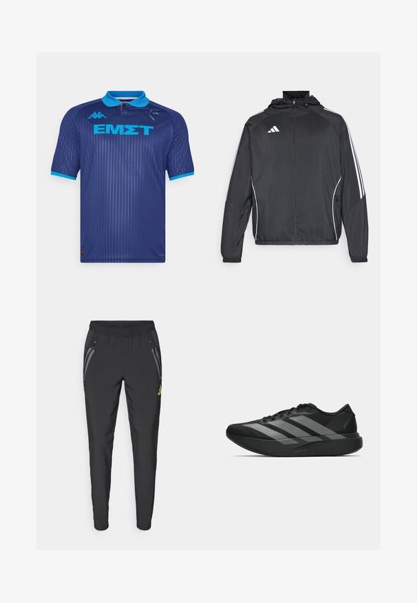 Black athletic jacket with a hood, featuring white stripes along the sleeves and a zippered front. Made from a smooth, lightweight fabric.; Kappa Gara KOMBAT KALLITHEA - Football shirt - blue twilight/blue/light orange tomato; adidas Performance REAL MADRID TIRO25 PRO VIS TECH TRAVEL PANT - Club wear - black/lucid lemon; Black athletic shoes with a lightweight design, featuring three prominent gray stripes, a smooth texture, and a contoured sole.