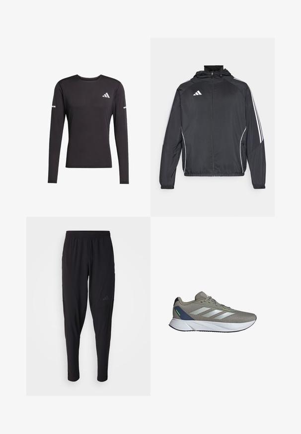 Schwarze Sportjacke mit Kapuze, ausgestattet mit weißen Streifen an den Ärmeln und einem Reißverschluss vorne. Hergestellt aus einem glatten, leichten Stoff.; Schwarzes langärmeliges Sportshirt aus glattem Material, mit Rundhalsausschnitt, reflektierenden Akzenten an den Ärmeln und einem Logo auf der Brust.; Schwarze Sporthosen mit elastischem Bund, tailliertem Design, Seitentaschen und dezenten Logo-Details. Hergestellt aus flexiblem, atmungsaktivem Material.; Laufschuh aus grauem Mesh mit silbernen Akzenten, ausgestattet mit einer gepolsterten Zunge, Schnürdesign und weißer, gepolsterter Sohle.