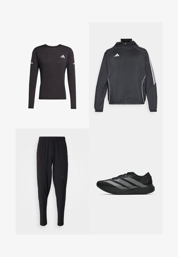Schwarze Sportjacke mit Kapuze, ausgestattet mit weißen Streifen an den Ärmeln und einem Reißverschluss vorne. Hergestellt aus einem glatten, leichten Stoff.; Schwarzes langärmeliges Sportshirt aus glattem Material, mit Rundhalsausschnitt, reflektierenden Akzenten an den Ärmeln und einem Logo auf der Brust.; Schwarze Sporthosen mit elastischem Bund, tailliertem Design, Seitentaschen und dezenten Logo-Details. Hergestellt aus flexiblem, atmungsaktivem Material.; Schwarze Sportschuhe mit einem leichten Design, ausgestattet mit drei auffälligen grauen Streifen, einer glatten Textur und einer konturierten Sohle.