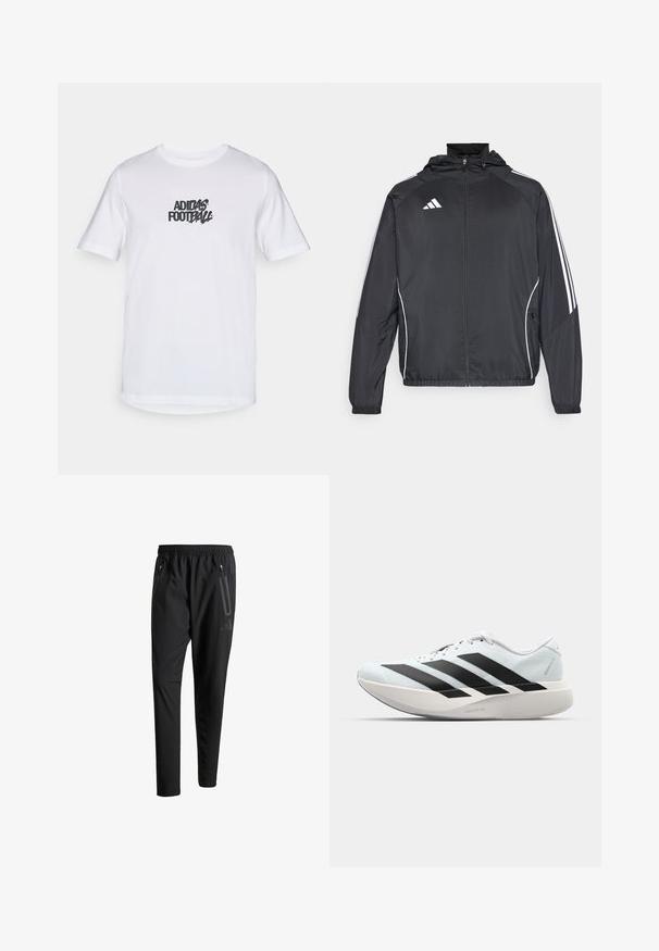 Fekete sportos dzseki kapucnival, fehér csíkokkal az ujjak mentén és cipzáras elülső résszel. Simább, könnyű anyagból készült.; Fehér pamut póló rövid ujjal, melynek elülső részén fekete Adidas Football grafika található. Átlagos crewneck dizájn.; Fekete sportos nadrág elasztikus derékpánttal, két cipzáras oldalt zsebbel, tapered lábakkal és diszkrét logóval a csípőn.; Világoskék, fekete csíkos könnyű futószerek. Simább felső résszel, kerek orral és vastag fehér középtalppal, amelyen a "LIGHTSTRIKE PRO" felirat olvasható.