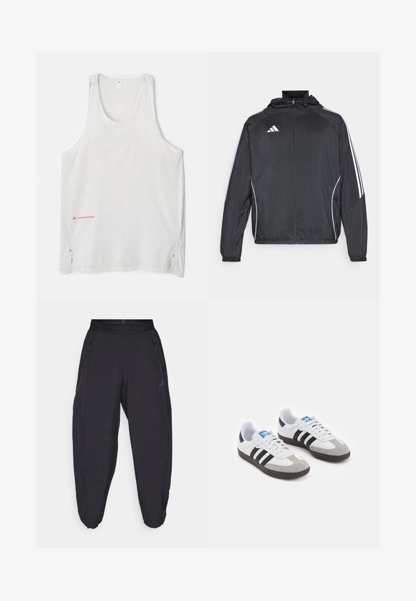 Black athletic jacket with a hood, featuring white stripes along the sleeves and a zippered front. Made from a smooth, lightweight fabric.; White sleeveless tank top made of lightweight fabric, featuring small dot patterns and side slits. Brand logo in red on the bottom left.; Black athletic pants with elastic waistband, zippered side pockets, tapered legs, and subtle logo on the right thigh.; Sport shoes with a white leather upper, gray suede toe, and three black stripes. Features a blue logo on the tongue and a textured rubber sole.