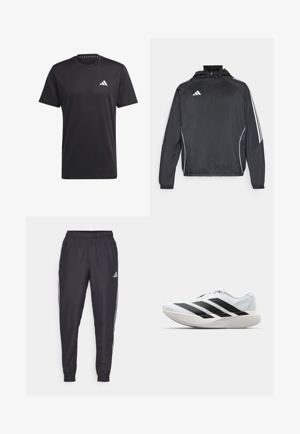 Fekete sportos dzseki kapucnival, fehér csíkokkal az ujjak mentén és cipzáras elülső résszel. Simább, könnyű anyagból készült.; Fekete sportpóló lélegző anyagból, kerek nyakkivágással, rövid ujjakkal és fehér logóval a mellkason. Texturált kialakítás.; Fekete sportnadrág elasztikus derékkal, oldalán fehér csíkokkal és egy apró logóval a csípőn. Sima textúra.; Világoskék, fekete csíkos könnyű futószerek. Simább felső résszel, kerek orral és vastag fehér középtalppal, amelyen a "LIGHTSTRIKE PRO" felirat olvasható.