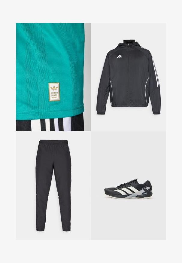 Svart sportsjakke med hette, med hvite striper langs ermene og glidelås foran. Laget av et glatt, lett stoff.; Turkisblå treningsskjorte med et teksturert, pustende stoff. Har et gullmerket tag som sier "AUTENTISK LISENSERT PRODUKT" og mesh-detaljer.; Svarte treningsbukser med elastisk midje, avsmalnende ben og hvite sideakenter. Laget av syntetisk materiale med en glatt tekstur.; Svart treningssko med hvite striper, mesh-overdel, avrundet tå og polstret såle. Har en teksturert hæl og et sikkert snøresystem.