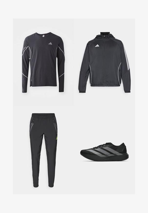Crna atletska jakna s kapuljačom, s bijelim prugama duž rukava i zatvaranjem na zip. Izrađena od glatkog, laganog materijala.; adidas Performance TEE - Top dugih rukava - black; adidas Performance REAL MADRID TIRO25 PRO VIS TECH TRAVEL PANT - Klupska odjeća - black/lucid lemon; Crne atletske tenisice s laganim dizajnom, koje imaju tri istaknute sive pruge, glatku teksturu i oblikovanu pogodnu potplat.