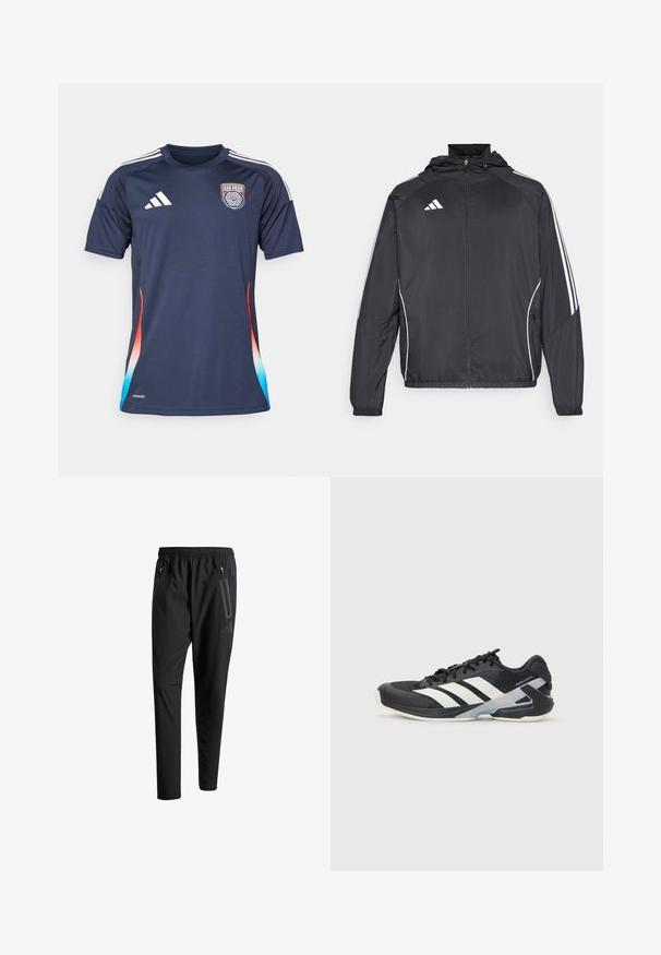 Chaqueta atlética negra con capucha, con rayas blancas a lo largo de las mangas y un cierre frontal con cremallera. Hecha de un tejido suave y ligero.; Camiseta atlética de color azul marino con mangas cortas, franjas blancas de Adidas y el logo de San Diego. Presenta un degradado de naranja a azul en los laterales.; Pantalones deportivos negros con una cintura elástica, dos bolsillos laterales con cremallera, piernas ajustadas y un discreto detalle de logo en la cadera.; Zapatilla deportiva negra con franjas blancas, parte superior de malla, punta redondeada y suela acolchada. Presenta un talón texturizado y un sistema de cordones seguro.