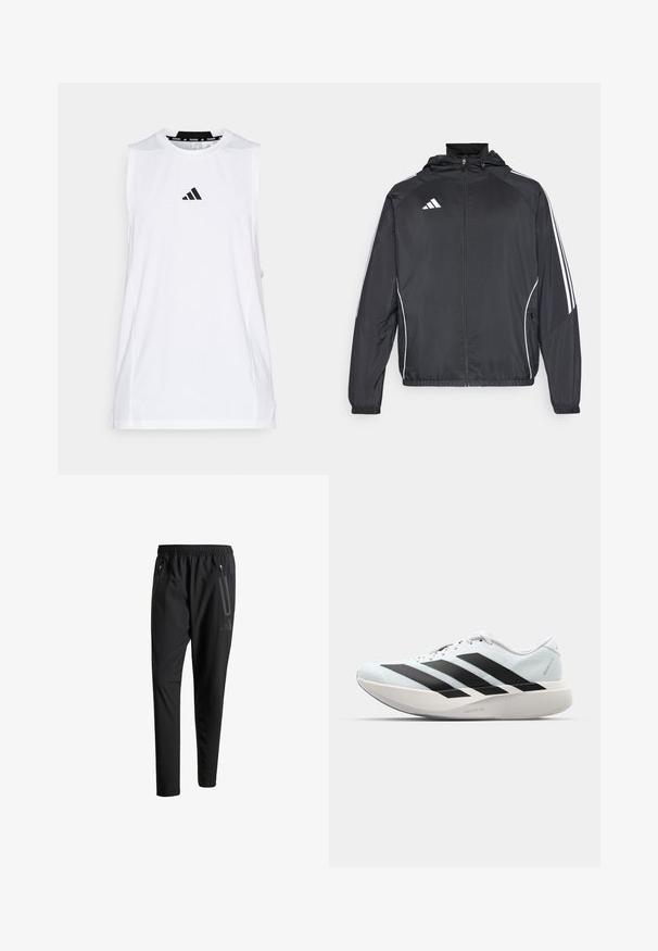 Černá sportovní bunda s kapucí, s bílými pruhy podél rukávů a s předním zipem. Vyrobena z hladkého, lehkého materiálu.; adidas Performance TANK - Top - white; Černé sportovní kalhoty s elastickým pasem, dvěma zipovými bočními kapsami, zúženými nohavicemi a decentním logem na boku.; Lehké běžecké boty v světle modré barvě s černými pruhy. Mají hladký svršek, kulatou špičku a silnou bílou mezipodešev označenou "LIGHTSTRIKE PRO."
