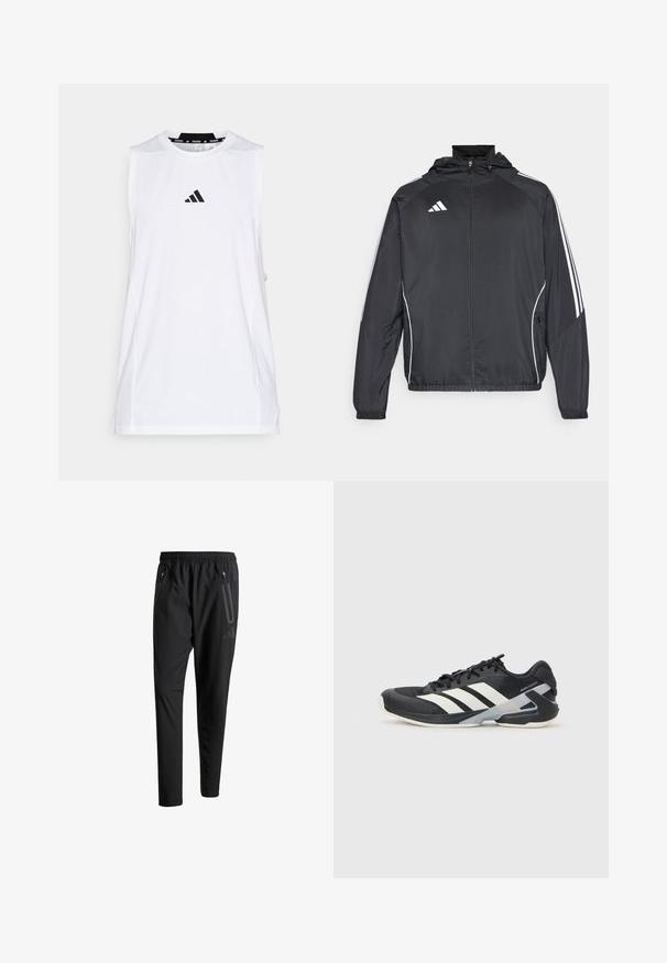 Čierna športová bunda s kapucňou, ktorá má biele pruhy pozdĺž rukávov a zips v prednej časti. Vyrobená z hladkej, ľahkej tkaniny.; adidas Performance TANK - Top - white; Čierne športové nohavice s elastickým pásom, dvoma bočnými zipsovými vreckami, zužujúcimi sa nohavicami a nenápadným detailom loga na bokoch.; Čierna športová obuv s bielymi pruhmi, sieťovinový zvršok, zaoblená špička a polstrovaná podrážka. Obsahuje štruktúrovaný opätok a bezpečný systém šnurovania.