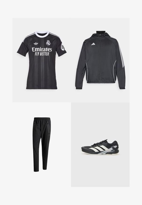Čierna športová bunda s kapucňou, ktorá má biele pruhy pozdĺž rukávov a zips v prednej časti. Vyrobená z hladkej, ľahkej tkaniny.; Čierny futbalový dres Real Madrid s bielym golierom, logá Adidas a tímu, sponsor text Emirates Fly Better a logo HP na rukáve.; Čierne športové nohavice s elastickým pásom, dvoma bočnými zipsovými vreckami, zužujúcimi sa nohavicami a nenápadným detailom loga na bokoch.; Čierna športová obuv s bielymi pruhmi, sieťovinový zvršok, zaoblená špička a polstrovaná podrážka. Obsahuje štruktúrovaný opätok a bezpečný systém šnurovania.