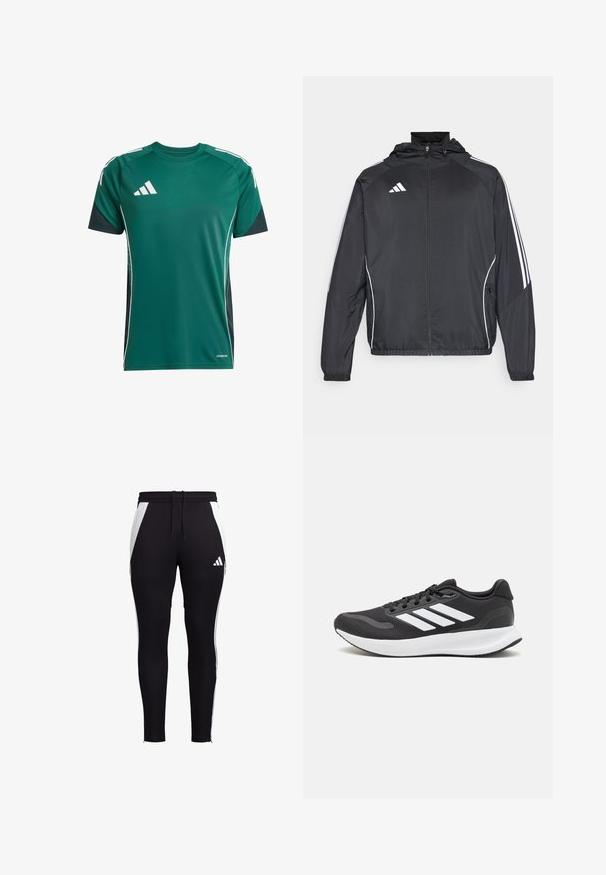 Veste de sport noire avec capuche, présentant des bandes blanches le long des manches et un devant zippé. Fabriquée en tissu léger et lisse.; T-shirt de sport vert à manches courtes, avec des accents blancs sur les épaules et les côtés, en tissu respirant, avec l'étiquette « AEROREADY » en bas.; Pantalons de sport noirs avec des panneaux latéraux blancs, coupe ajustée, taille élastique avec cordon de serrage, et un petit logo blanc sur le bas de la jambe gauche.; Baskets de sport noires avec tige en mesh respirant, accents blancs et semelle rembourrée. Présente le logo à trois bandes sur le côté.