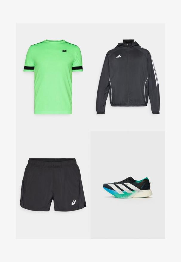 Casaco atlético preto com capuz, apresentando riscas brancas ao longo das mangas e um fecho éclair na frente. Fabricado em um tecido liso e leve.; T-shirt desportivo verde feito de um tecido leve, com detalhes pretos nas mangas e nos ombros, apresentando um pequeno logótipo no peito.; Calções atléticos pretos com um cós elástico, apresentando uma fenda lateral e um logótipo branco na parte inferior direita. Tecido leve e suave.; Sapatilha atlética preta com riscas brancas, acabamentos verde-água e sola em degradê de azul a verde. Design leve com parte superior texturizada.