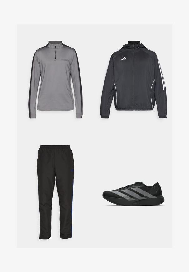 Schwarze Sportjacke mit Kapuze, ausgestattet mit weißen Streifen an den Ärmeln und einem Reißverschluss vorne. Hergestellt aus einem glatten, leichten Stoff.; Grauer langärmeliger Sportoberteil mit halbseitigem Reißverschluss-Kragen, schwarzen Akzenten an den Seiten und "HUMMEL"-Logo auf der Brust. Glattes, leichtes Material.; Schwarze Jogginghosen mit blauen Seitenstreifen, elastischem Bund, glatter Textur und schmal zulaufendem Bein. Mit Logo in der Nähe des Bundes.; Schwarze Sportschuhe mit einem leichten Design, ausgestattet mit drei auffälligen grauen Streifen, einer glatten Textur und einer konturierten Sohle.