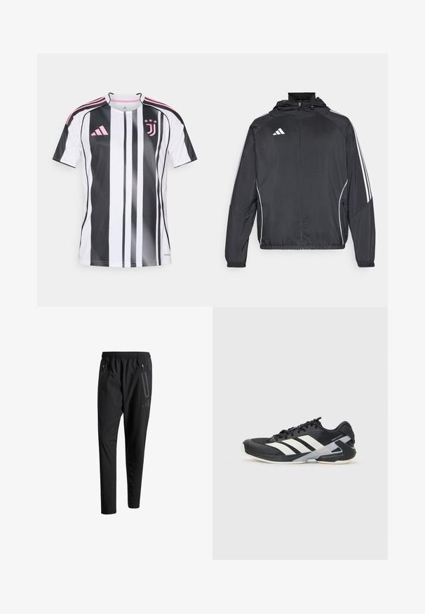Jachetă sport neagră cu glugă, decorată cu dungi albe pe mâneci și cu fermoar în față. Fabricată dintr-un material neted și ușor.; Tricou de fotbal Juventus cu dungi verticale alb-negru, accente roz pe mâneci și logo, fabricat dintr-un material ușor și respirabil.; Pantaloni atletici negri cu talie elastică, două buzunare laterale cu fermoar, picioare conice și un detaliu logo discret pe șold.; Pantofii sport negri cu dungi albe, superior din plasă, vârf rotunjit și talpă îmbunătățită pentru amortizare. Au o călcătură texturată și un sistem de șireturi securizat.