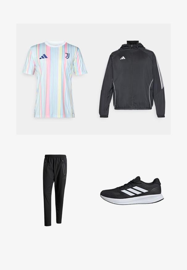 Black athletic jacket with a hood, featuring white stripes along the sleeves and a zippered front. Made from a smooth, lightweight fabric.; Juventus striped jersey in pastel colors, featuring vertical lines in blue, pink, yellow, and white. Made from lightweight, breathable material.; Black athletic pants with an elastic waistband, two zippered side pockets, tapered legs, and a subtle logo detail on the hip.; Black athletic shoe with white stripes, mesh upper, cushioned sole, and textured accents. Features a lace-up design and brand logo on the tongue.