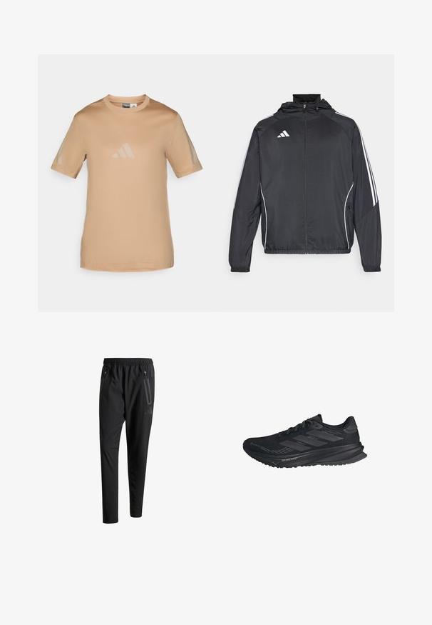 Juodas sportinis džemperis su kapišonu, turintis baltas juosteles palei rankoves ir užtrauktuką priekyje. Pagamintas iš lygaus, lengvo audinio.; Šviesiai rudos spalvos trumpas rankovės marškinėliai, pagaminti iš lygaus audinio, su apvalia apykakle ir subtiliu toniniu Adidas logotipu priekyje.; Juodi sportiniai šortai su elastiniu juosmeniu, dviem užtrauktukais šoniniais kišenėmis, siaurėjančiomis kojomis ir subtiliu logotipo detaliu ant klubo.; Juodas Adidas bėgimo batelis su Gore-Tex viršutine dalimi, trimis juostelėmis šone ir žodžiu "Dreamstrike" ant padaiso, matomas iš išorinės pusės.