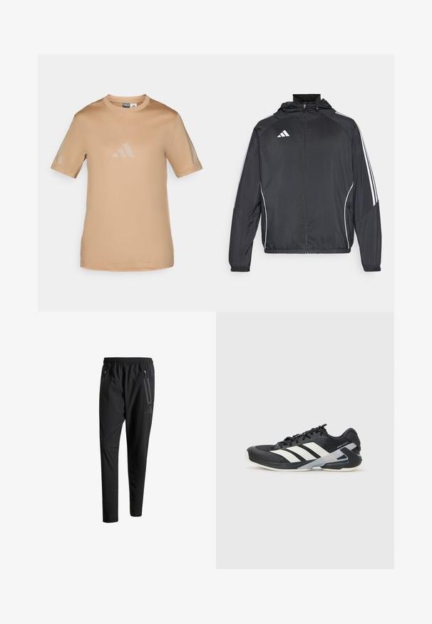 Melnā sporta jaka ar kapuci, ar baltām svītrām pa piedurknēm un ar rāvējslēdzēju priekšpusē. Izgatavota no gludas, vieglas auduma.; Bēšas krāsas īsām piedurknēm T-kreklu no gludas auduma ar apaļu kakla izgriezumu un diskrētu toņa Adidas logo priekšpusē.; Melni sporta bikses ar elastīgu vidukli, divām kabatām ar rāvējslēdzējiem sānos, sašaurinātām kājām un diskrētu logo detaļu uz gurniem.; Melnas sporta kurpes ar baltām svītrām, acs augšdaļa, noapaļots pirksts un mīksts zole. Iespējams ar teksturētu papēdi un drošu šņoru sistēmu.