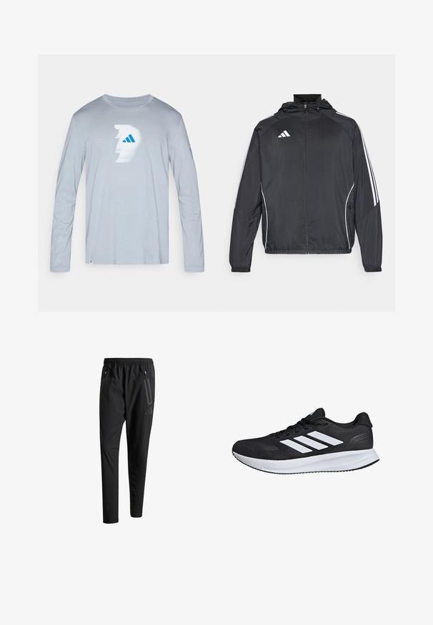 Black athletic jacket with a hood, featuring white stripes along the sleeves and a zippered front. Made from a smooth, lightweight fabric.; Light gray long-sleeve shirt made of soft fabric, featuring a white and blue graphic design on the front and a blue accent on the sleeve.; Black athletic pants with an elastic waistband, two zippered side pockets, tapered legs, and a subtle logo detail on the hip.; Black athletic shoe with white stripes, mesh upper, cushioned sole, and textured accents. Features a lace-up design and brand logo on the tongue.