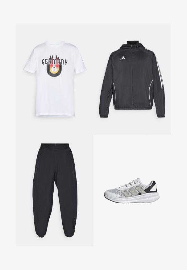 Sort atletisk jakke med hætte, med hvide striber langs ærmerne og lynlås foran. Lavet af et glat, let materiale.; Hvid bomulds t-shirt med et sort og orange grafik med "TYSKLAND" tekst og et cirkulært design med en fodbold og striber.; Sorte atletiske bukser med elastisk talje, lynlåslommer på siden, tapered ben og et diskret logo på højre lår.; Hvid løbesko med mesh-overdel, grå accenter, tre grå striber, polstret krave og en let sål med Cloudfoam-teknologi.