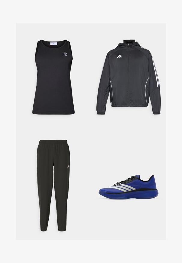 Black athletic jacket with a hood, featuring white stripes along the sleeves and a zippered front. Made from a smooth, lightweight fabric.; Black tank top in soft, stretchy cotton. Features a crew neckline and a small white logo on the left chest. Clean, simple design.; Black athletic pants with an elastic waistband, slim fit, and white logo on the left leg. Smooth, lightweight fabric.; adidas Performance ADIZERO SELECT 3.0 - Basketball shoes - lucid blue/core black/metallic