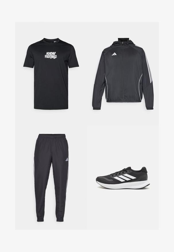 Veste de sport noire avec capuche, présentant des bandes blanches le long des manches et un devant zippé. Fabriquée en tissu léger et lisse.; T-shirt noir en coton ; col rond ; manches courtes ; présente un logo de football Adidas blanc sur le devant.; Pantalons de sport noirs avec une taille élastique, présentant des rayures blanches sur les côtés et un petit logo sur la hanche. Texture lisse.; Baskets de sport noires avec tige en mesh respirant, accents blancs et semelle rembourrée. Présente le logo à trois bandes sur le côté.