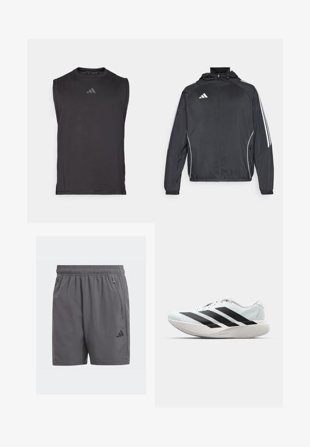 Casaco atlético preto com capuz, apresentando riscas brancas ao longo das mangas e um fecho éclair na frente. Fabricado em um tecido liso e leve.; Camisola atlética preta sem mangas feita de tecido suave, apresentando um decote redondo e um detalhe de logotipo discreto na frente.; Bermudas atléticas cinzas com um cós elástico, bolsos laterais com zíper e um detalhe de logo preto. Leves, com textura suave e comprimento até ao joelho.; Tênis de corrida leves em azul pálido com riscas pretas. Apresentam um cabedal liso, bico redondo e uma entressola espessa branca rotulada como "LIGHTSTRIKE PRO."