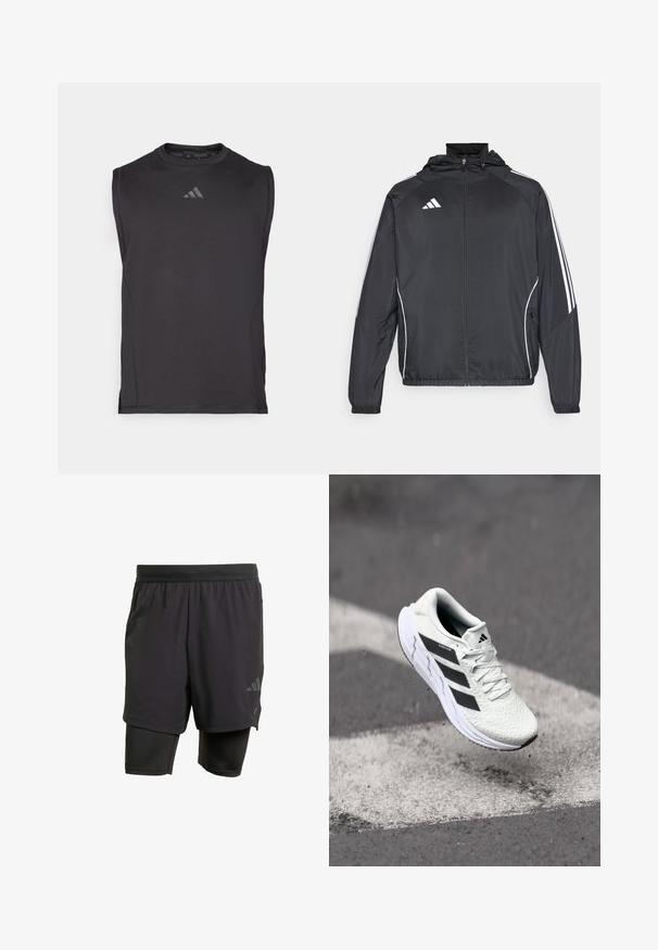 Veste de sport noire avec capuche, présentant des bandes blanches le long des manches et un devant zippé. Fabriquée en tissu léger et lisse.; T-shirt de sport sans manches noir, fabriqué en tissu lisse, avec un col rond et un détail de logo discret sur le devant.; Shorts de sport noirs avec une couche intérieure intégrée, fabriqués en tissu respirant. Présentent un logo discret et une texture structurée. Ceinture ajustable.; Baskets de sport blanches avec un dessus en mesh texturé, des rayures noires, un laçage et une semelle rembourrée, lévitant au-dessus d'une surface de route marquée.