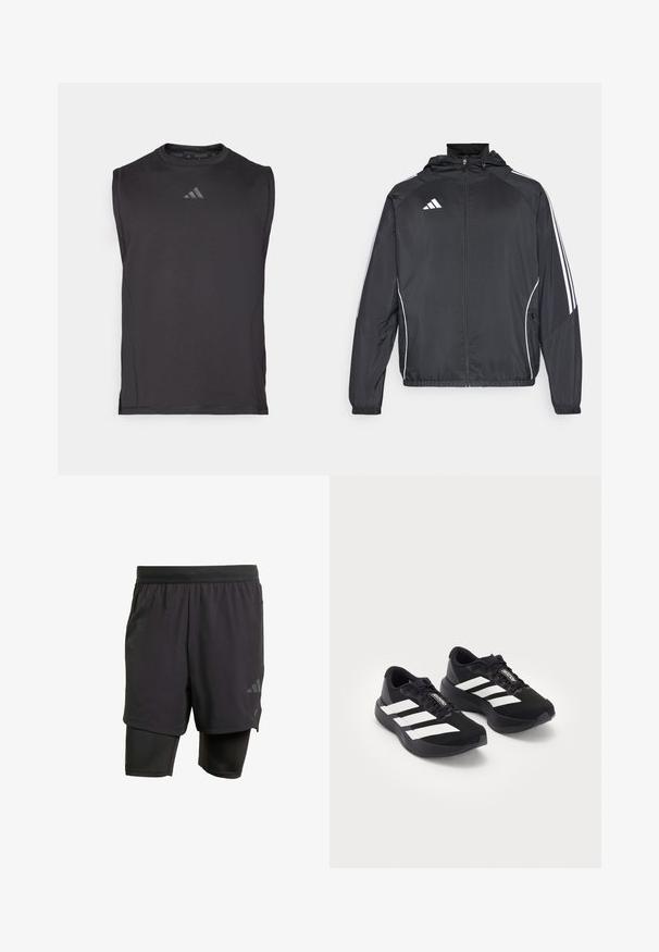Czarna sportowa kurtka z kapturem, z białymi paskami wzdłuż rękawów i zasuwanym przodem. Wykonana z gładkiego, lekkiego materiału.; Czarny bezrękawnik sportowy wykonany z gładkiego materiału, z okrągłym dekoltem i dyskretnym logo z przodu.; Czarne spodenki sportowe z wbudowaną wewnętrzną warstwą, wykonane z oddychającego materiału. Posiadają subtelne logo oraz strukturalną fakturę. Regulowany pas.; Para czarnych butów do biegania Adidas Adizero z białymi paskami i sznurówkami na białym tle, ustawionych obok siebie.