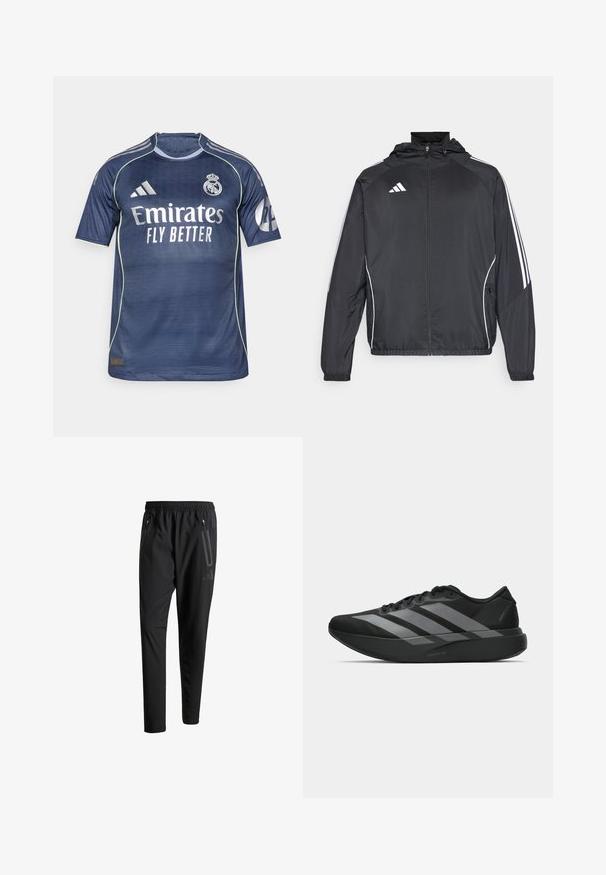 Must värvi sportlik jakk kapuutsiga, millel on valged triibud varrukatel ja lukuga esiosa. Valmistatud siledast, kergest kangast.; Tumed sinine jalgpallipaita lühikeste varrukatega. Sisaldab valget "Emirates Fly Better" logo, Adidas riba ja tekstureeritud kangast.; Mustavad spordipüksid elastse vöökoha, kahe tõmblukuga küljetasku, kitsenevate säärete ning õrna logodetailiga puusadel.; Must have mustangid! Need light and trendy athletic shoes? These black sneakers have a streamlined design featuring three large hallal gray stripes. Their smooth texture and ergonomically contoured sole provide ultimate comfort.