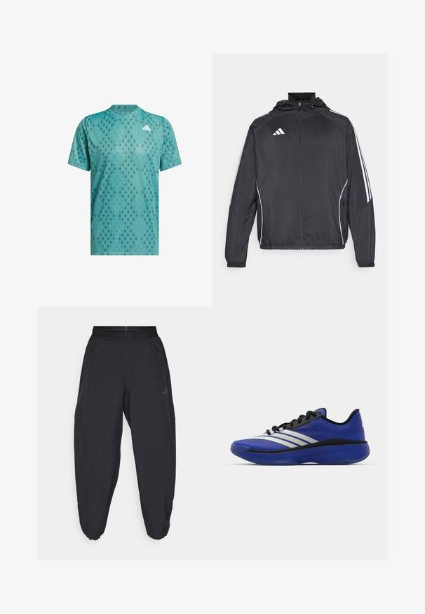 Sort atletisk jakke med hætte, med hvide striber langs ærmerne og lynlås foran. Lavet af et glat, let materiale.; Teal atletisk t-shirt lavet af åndbart stof med diamantmønster; rund hals; korte ærmer; accentlogo på brystet.; Sorte atletiske bukser med elastisk talje, lynlåslommer på siden, tapered ben og et diskret logo på højre lår.; adidas Performance ADIZERO SELECT 3.0 - Basketsko - lucid blue/core black/metallic